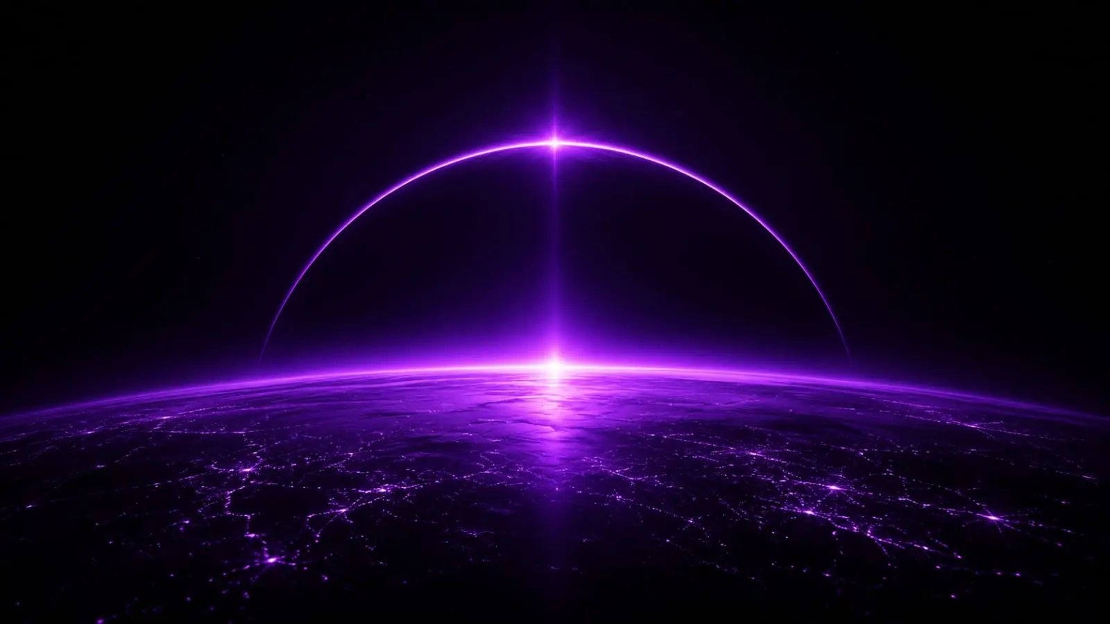 purple glowing planet Earth from space with neon horizon arc and city lights Indian creators 2026