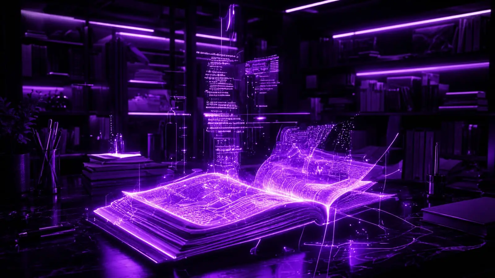 purple neon glowing open book on dark desk with bookshelves and floating digital text Indian creators 2026