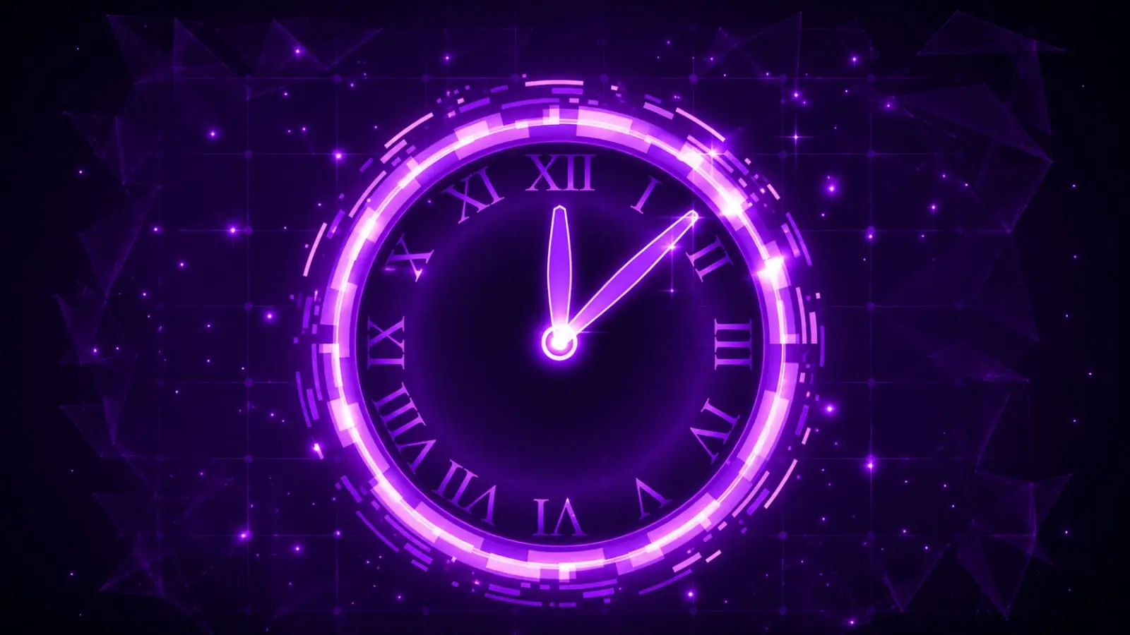 purple neon roman numeral clock glowing with sparkles on dark background time management Indian creators 2026