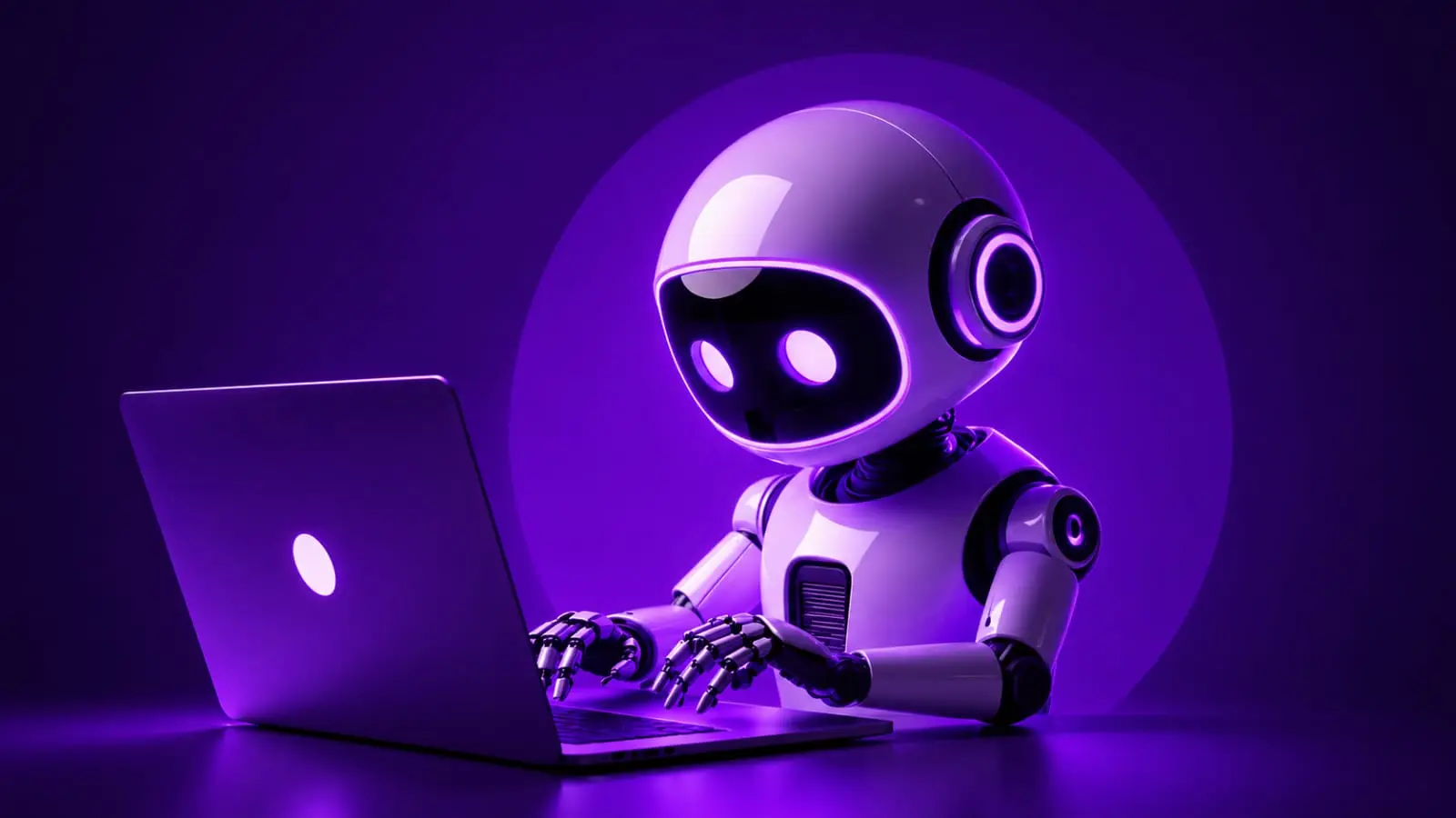 Cute AI robot typing on laptop representing the rise of AI influencers in India in 2026