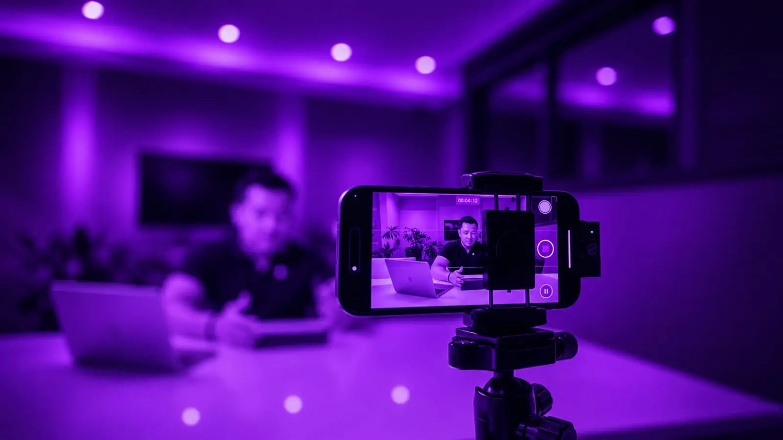 purple lit room with smartphone on tripod recording man working on laptop content creator setup Indian creators 2026