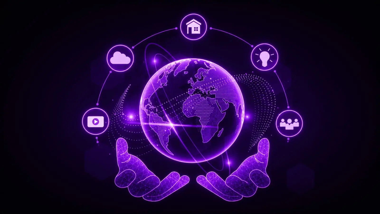 purple neon hands holding glowing Earth globe surrounded by platform and community icons on dark background Indian creators 2026
