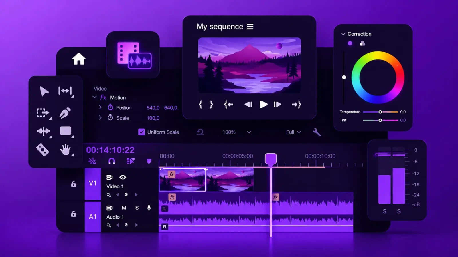 purple video editing timeline interface representing CapCut vs Premiere Pro comparison for Indian creators 2026