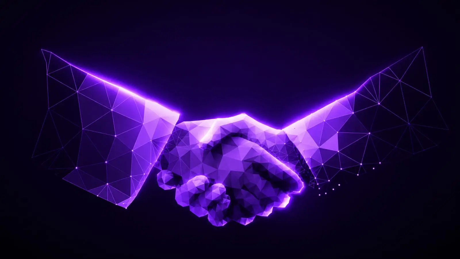 purple neon wireframe polygon handshake on dark background creator collaboration Indian creators 2026