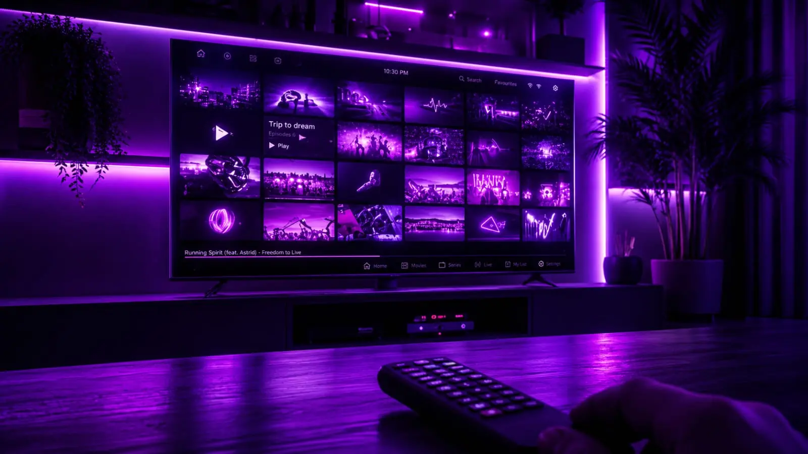 purple neon lit living room with smart TV showing streaming content grid and remote control Indian creators 2026