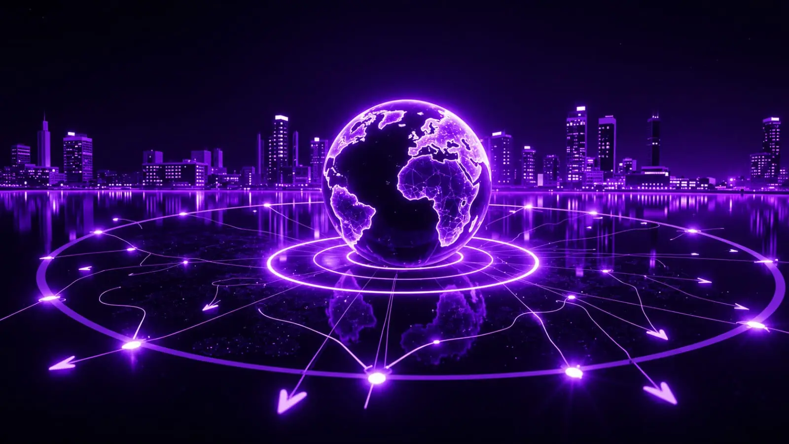 purple neon holographic Earth globe with connection arrows and city skyline reflection on dark background Indian creators 2026