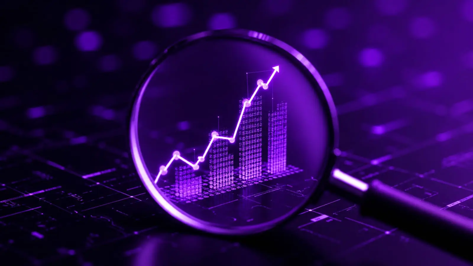 Magnifying glass focused on rising growth chart representing faceless channel performance tracking