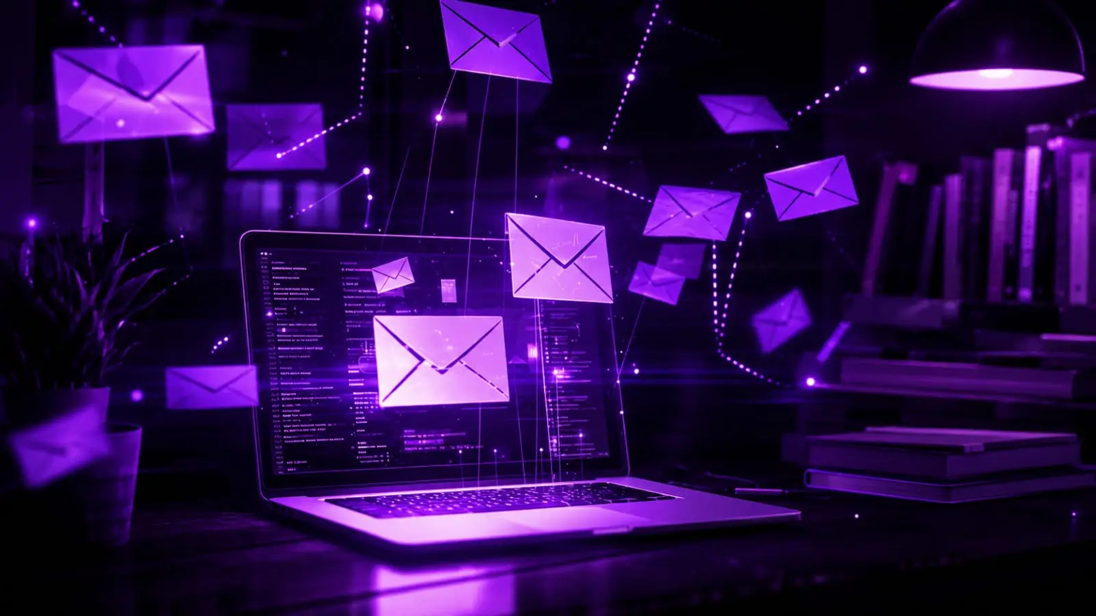 purple neon laptop with floating email envelopes flying in dark room with bookshelves Indian creators 2026