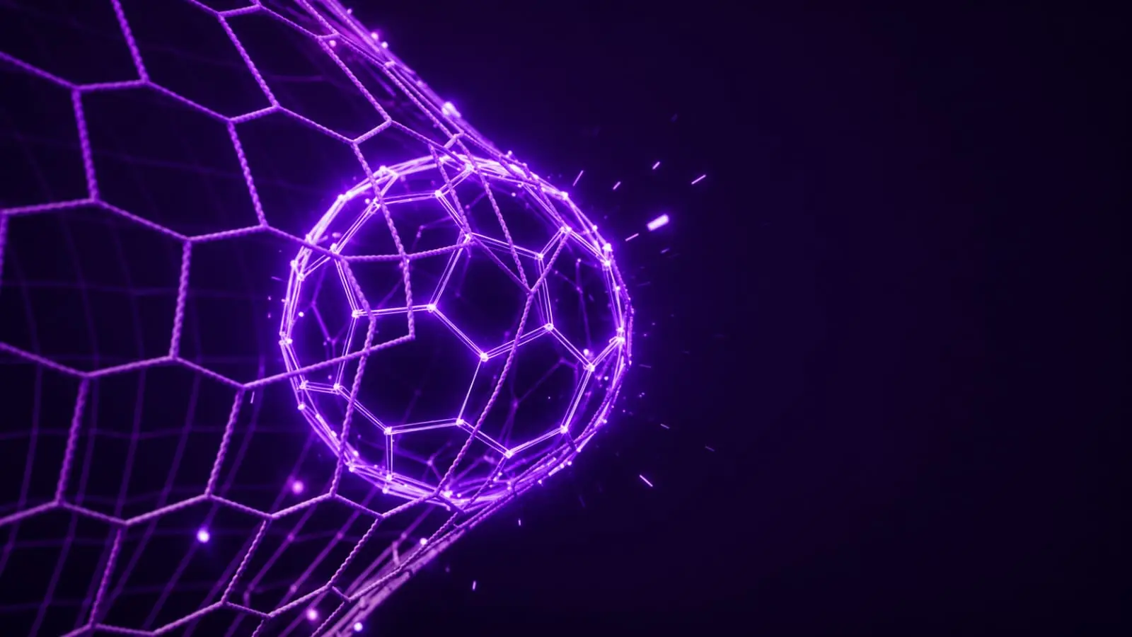 Glowing purple wireframe football in net representing FIFA content creation opportunity for Indian YouTube creators