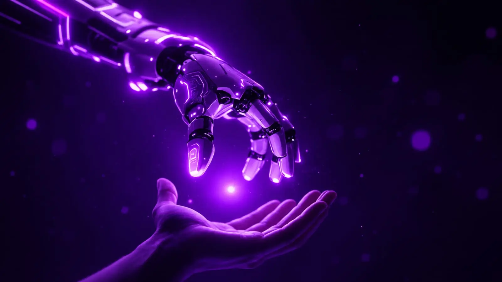 purple neon robot arm reaching toward human open hand with glowing orb AI collaboration dark background Indian creators 2026
