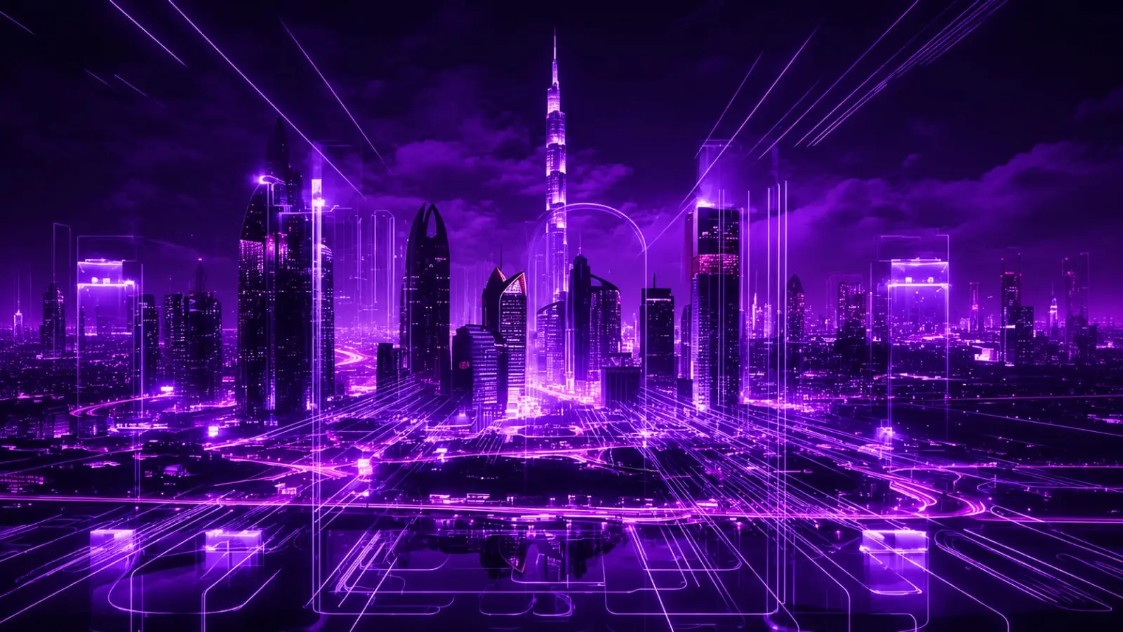 purple neon dubai skyline with burj khalifa representing indian creators moving to dubai in 2026