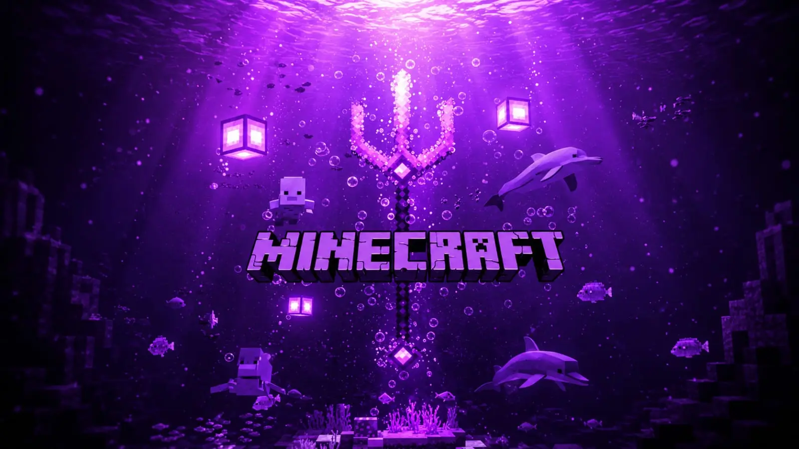 purple underwater Minecraft scene with trident dolphins fish and glowing lanterns dark ocean Indian creators 2026