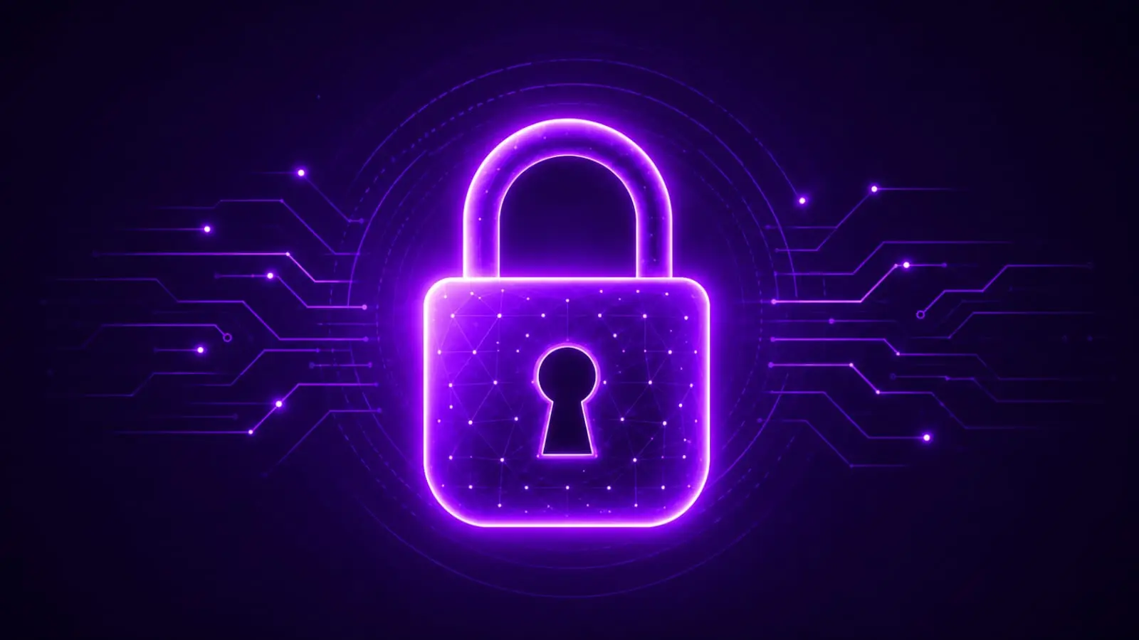purple neon glowing padlock with circuit board lines and concentric rings on dark background Indian creators 2026