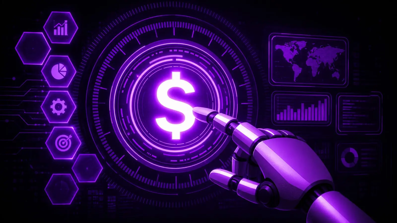 purple robot hand pointing at glowing dollar sign with analytics dashboard and hexagon icons Indian creators 2026