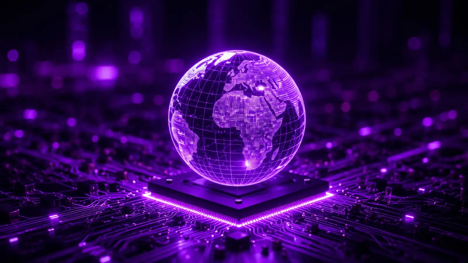 Digital globe on purple circuit board representing Threads global reach for Indian creators