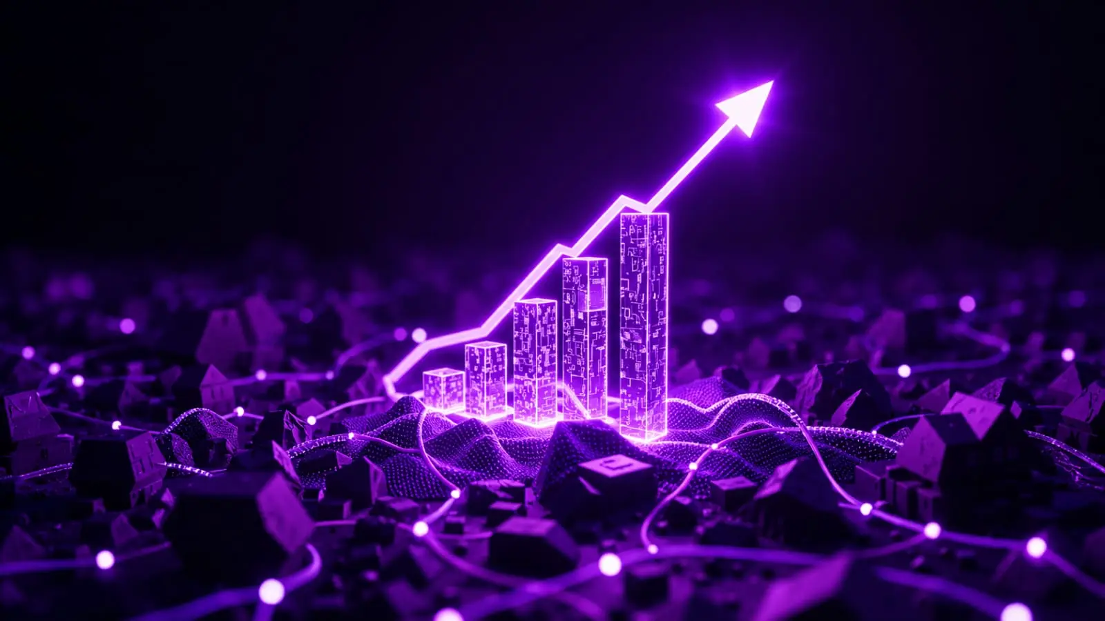 purple neon glowing bar chart with rising arrow on dark digital landscape with connected nodes Indian creators 2026