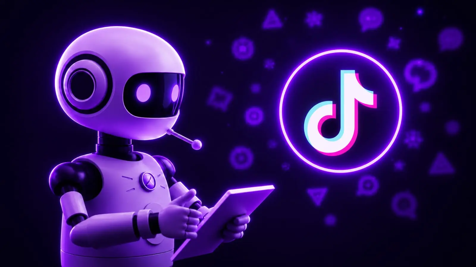 purple AI robot holding tablet next to glowing TikTok logo representing Indian creators and TikTok 2026