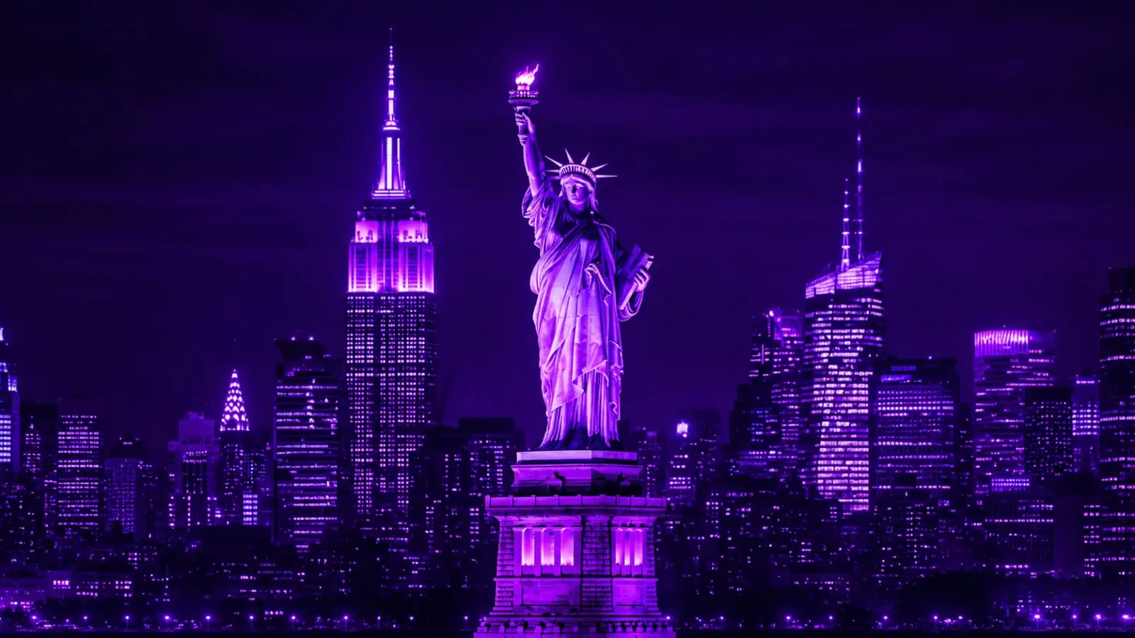 glowing purple Statue of Liberty and New York skyline representing Indian creators targeting US YouTube audience for high CPM 2026