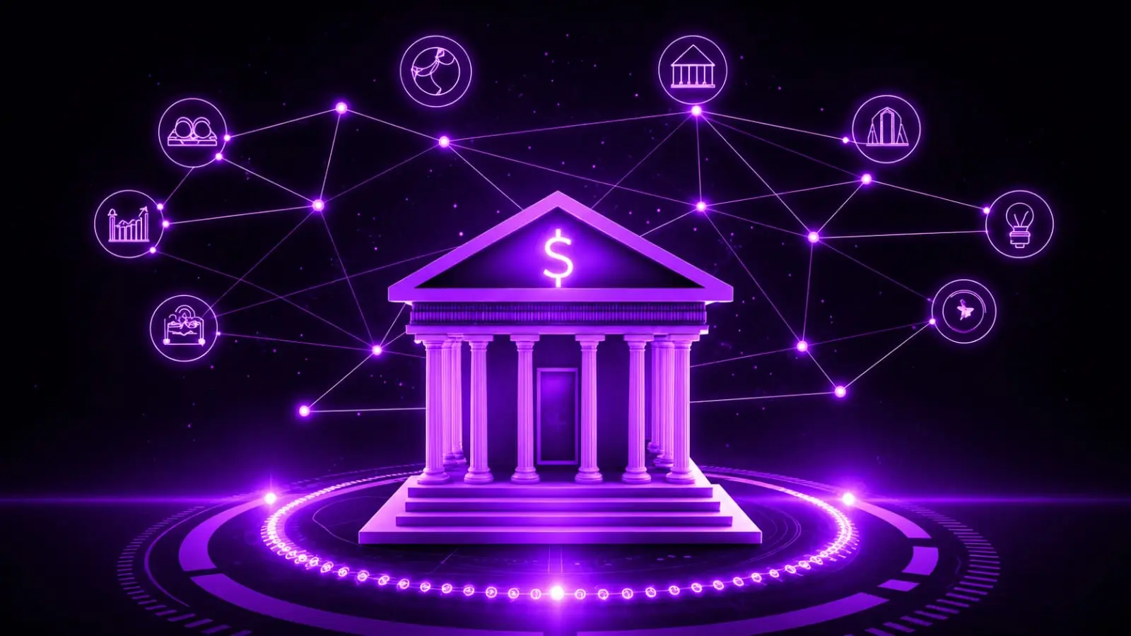 purple neon glowing bank building with dollar sign and connected financial icons on dark background Indian creators 2026