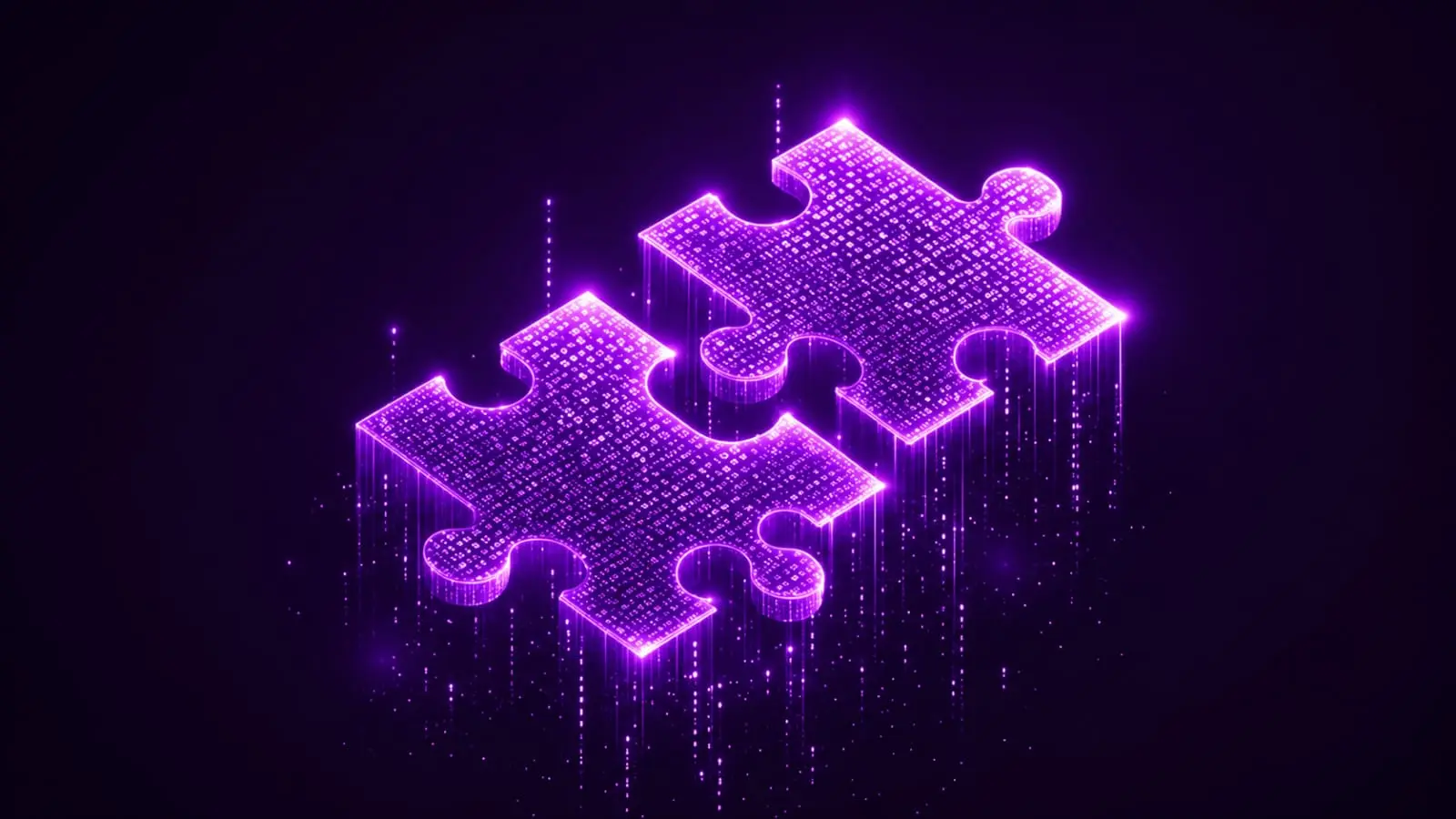 purple neon glowing digital puzzle pieces connecting with binary data streams on dark background Indian creators 2026