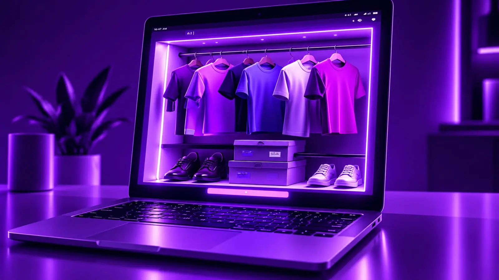 purple neon laptop screen displaying online clothing store with tshirts and shoes merch setup Indian creators 2026