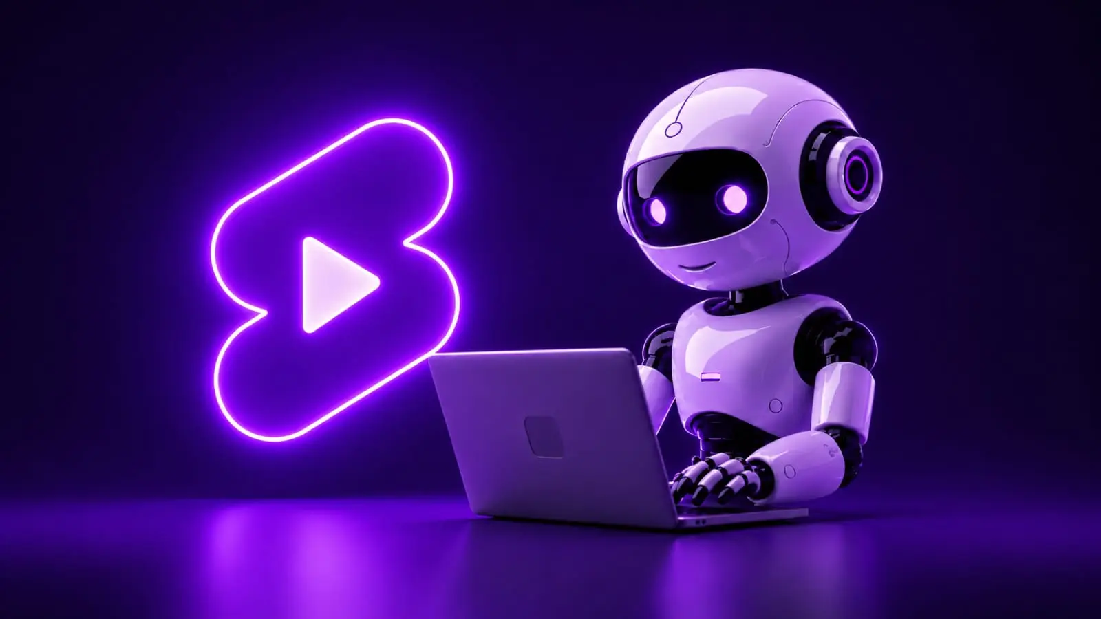 white purple AI robot typing on laptop next to glowing neon shorts play icon dark background Indian creators 2026