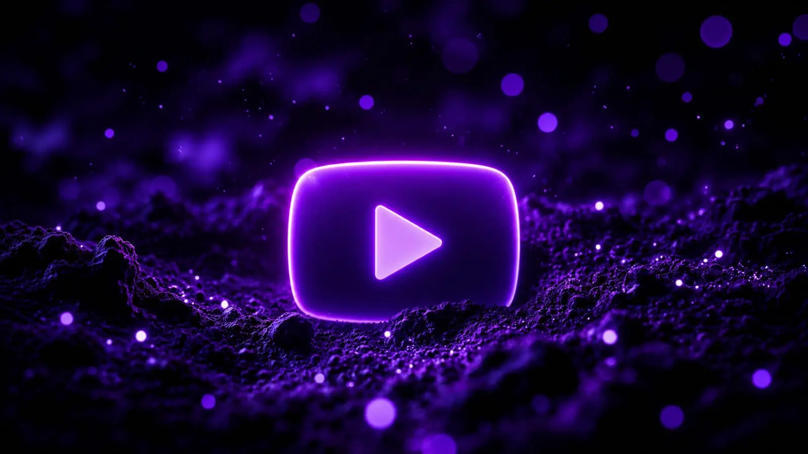 purple neon glowing video play button floating above dark rocky ground with bokeh particles Indian creators 2026