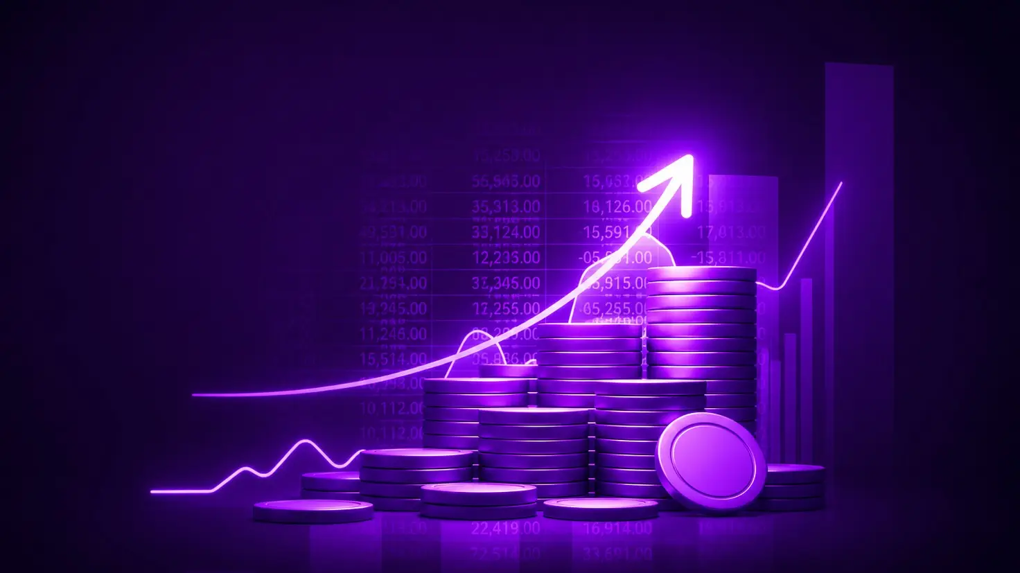 purple neon stacked coins with rising arrow growth chart and financial data on dark background Indian creators 2026